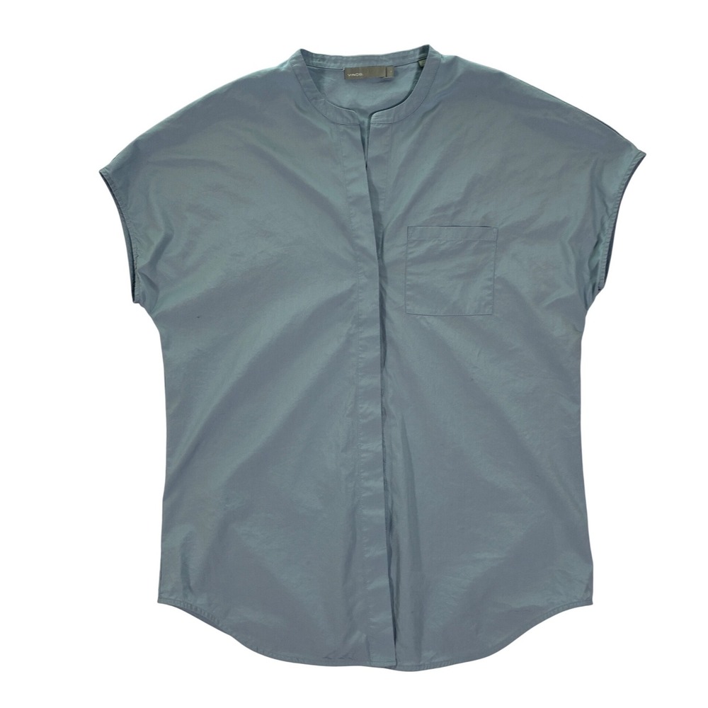 Vince Womens Slate Blue Cotton Band Collar Short Sleeve Button Down Shirt S